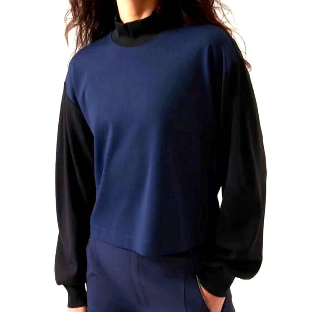 Athleta 🦋 Venice Sweatshirt Colorblock Top Black Blue Mock Neck Like New